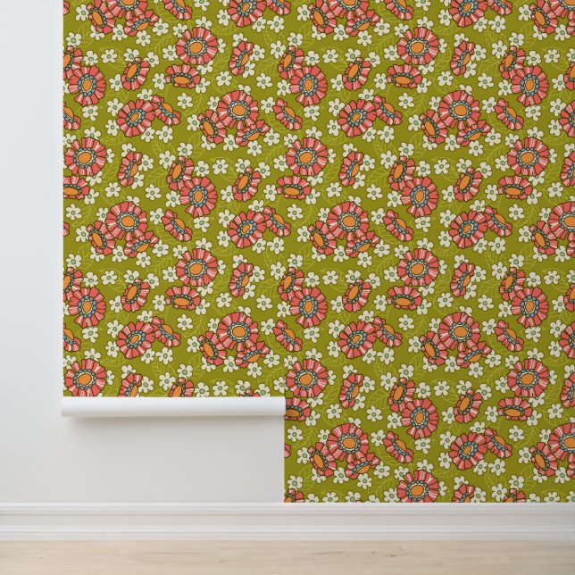 Papier Peint Motif Retro Rose & Fleurs Vertes (Application)