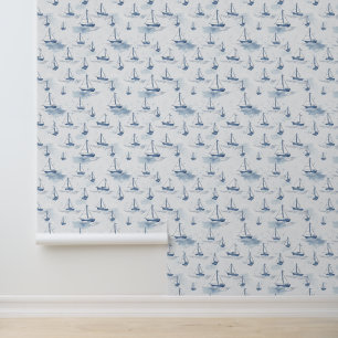 Papier Peint Motif Serene Navy Blue Small Sailing Boats