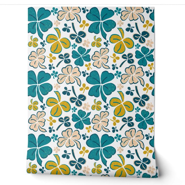 Papier Peint Motif Shamrock de  de Tissu Beige Vert (Déroulement)