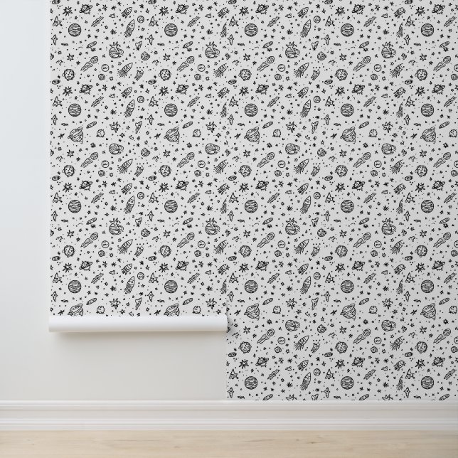 Papier Peint Motif Space Doodle avec planètes et roquettes (Application)