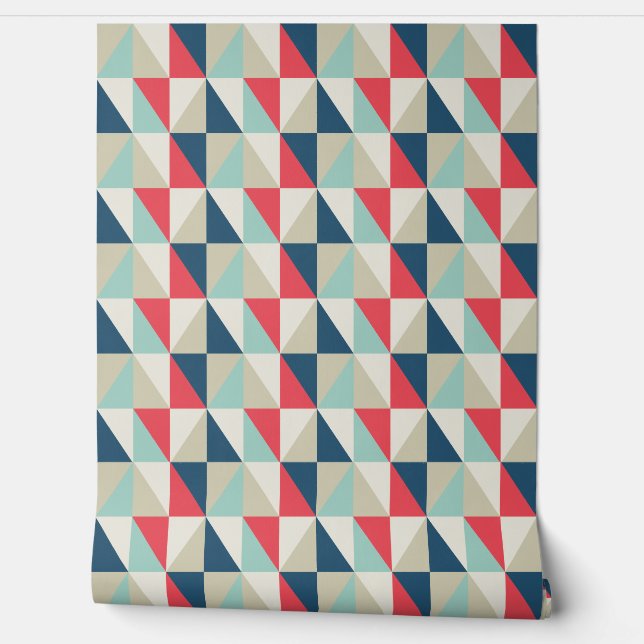 Papier Peint Motif triangles rouge et bleu géométrique rétro (Déroulement)