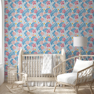 Papier Peint Motif tropical rose rouge jaune Hibiscus Feuilles