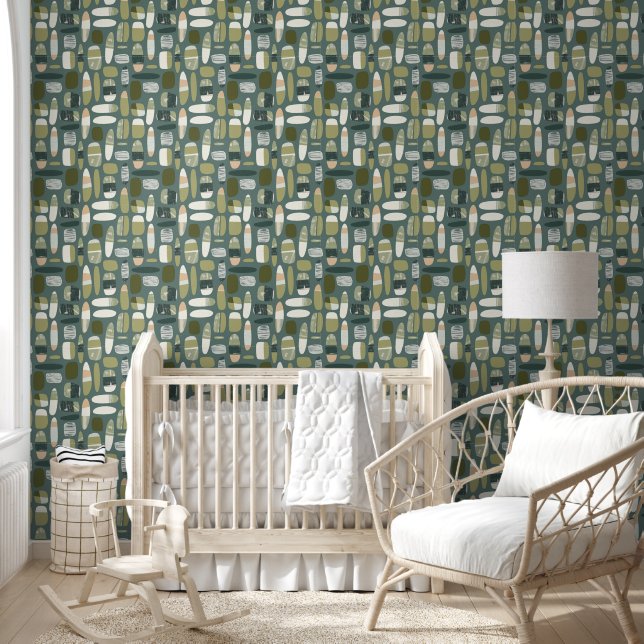 Papier Peint Motif vert moderne du milieu du siècle (Enfants)