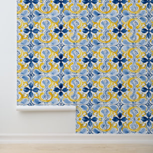 Papier Peint Motifs de carreaux méditerranéens Marbre bleu jaun