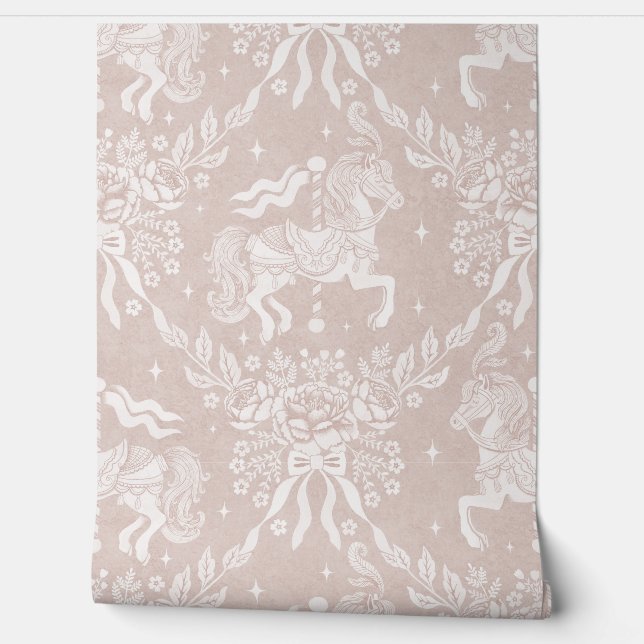 Papier Peint Muted Pastel Pink Rococo Carousel Horses & Florals (Déroulement)