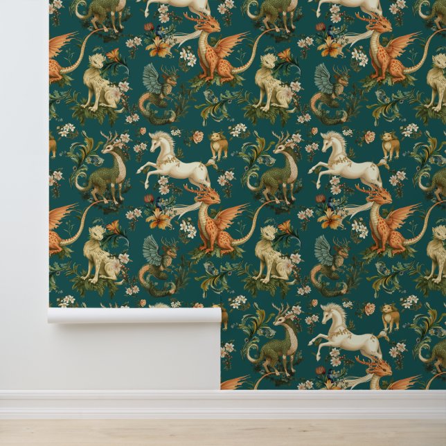 Papier Peint Mythique Animaux Forêt Créatures Turquoise (Application)