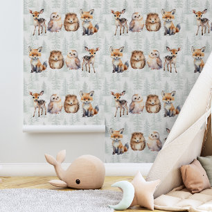 Papier Peint nature mignon bébé animaux forêt aquarelle