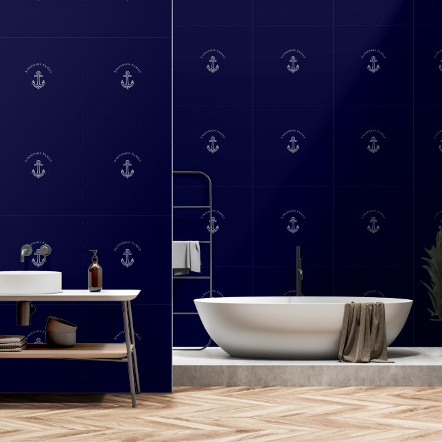 Papier Peint Nautical Navy Bleu Blanc Ancre Nom Monogramme (Salle de bain)