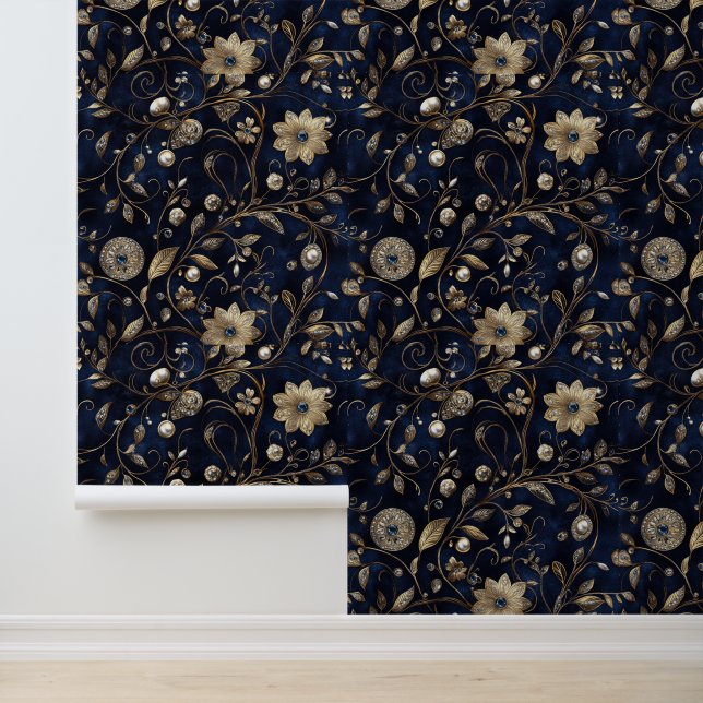 Papier Peint Navy Blue Gold Jewel Floral (Application)