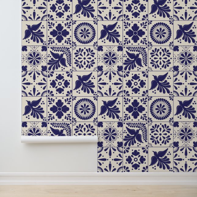 Papier Peint Nil Bleu Linge mexicain traditionnel Talavera Carr (Application)