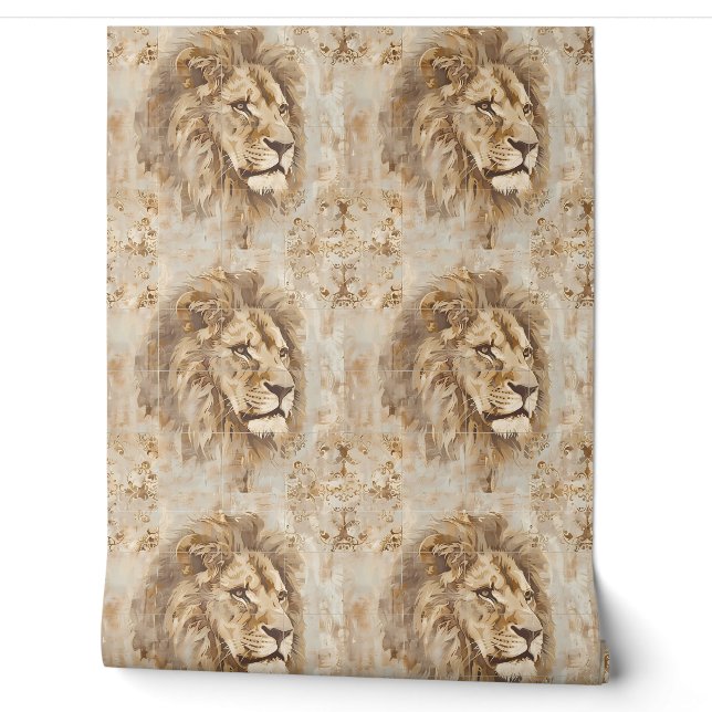Papier Peint Noble Lion Petite - Beige, Or, Blanc (Déroulement)