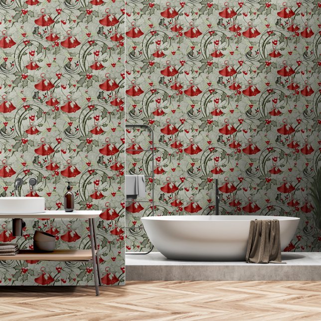 Papier Peint Noël Green Red Bells Bows Berry (Salle de bain)