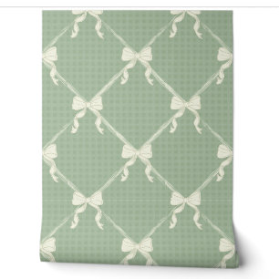 Papier Peint Nœuds Coquette Motif Gingham Crème Vert Sauge