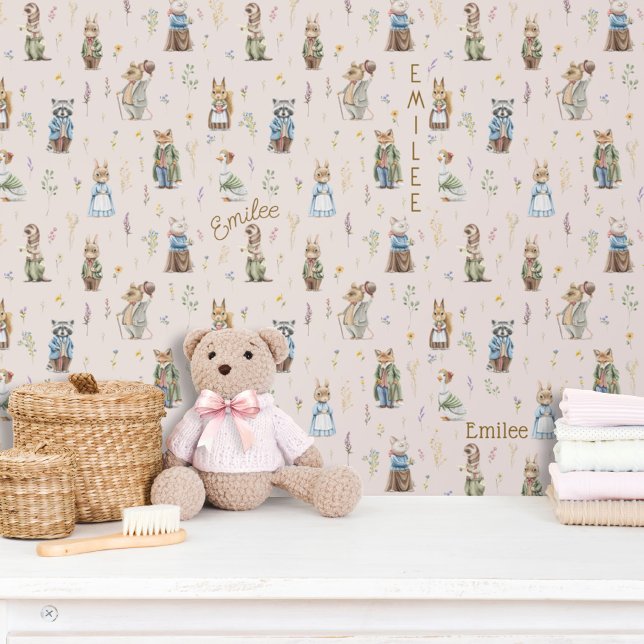 Papier Peint Nom personnalisé mignon Bois Animaux Roses Fille (Cute vintage woodland animal forest friends Peter Rabbit storybook baby girl blush pink wallpaper)