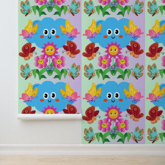 Papier Peint Nuage Whimsical avec papillons et fleurs heureux