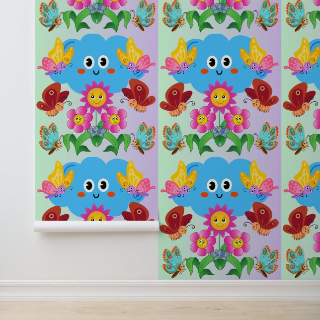 Papier Peint Nuage Whimsical avec papillons et fleurs heureux (Application)