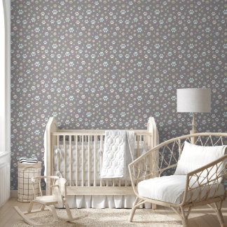 Papier Peint Nursery Moderne Empreinte de Patte Menthe et Grise