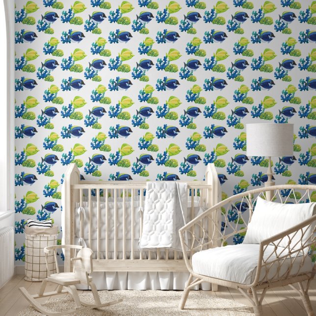 Papier Peint Océan poisson et récif corallien bleu jaune (Enfants)