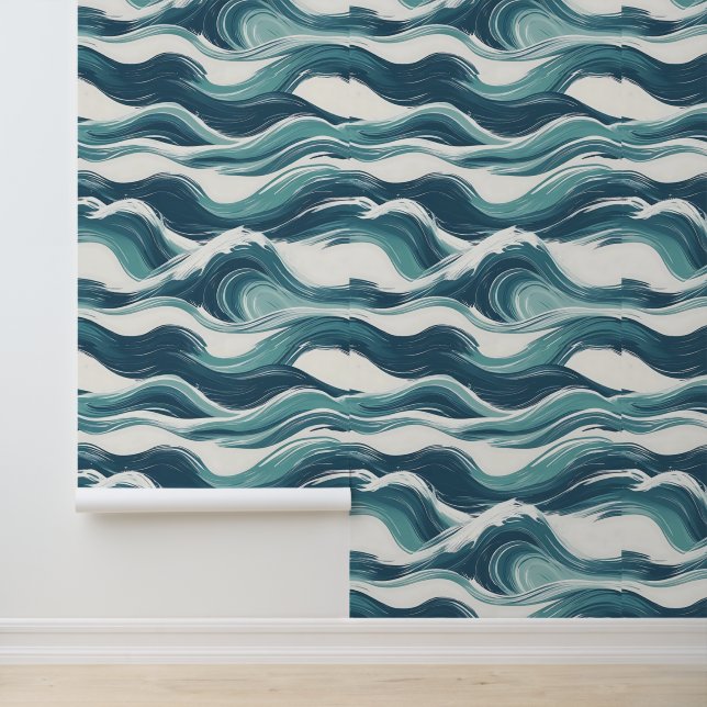 Papier Peint Ocean Waves Artistique Turquoise Bleu Blanc Révoca (Application)