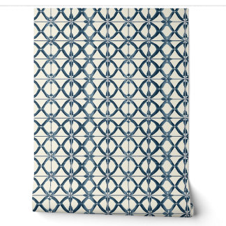Papier Peint Océanique Interlace Petite - Marine, Beige - Côtie