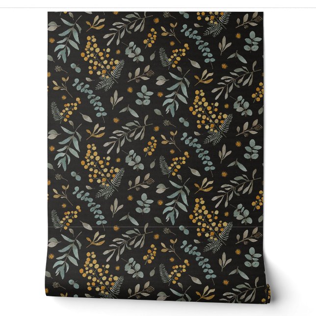 Papier Peint Oeucalyptus australien floral noir (Déroulement)