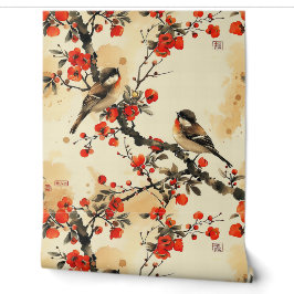 Papier Peint Oiseau japonais et fleurs
