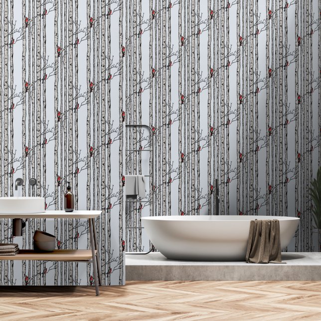 Papier Peint Oiseaux bleus modernes et oiseaux cardinaux rouges (Salle de bain)