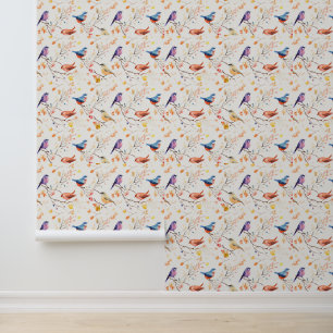 Papier Peint Oiseaux d'aquarelle sur Motif de branche