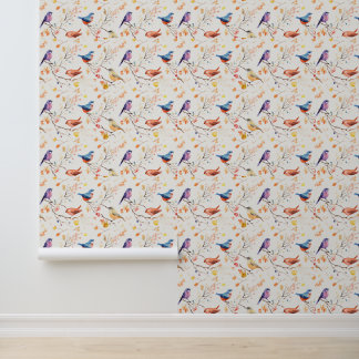 Papier Peint Oiseaux d'aquarelle sur Motif de branche