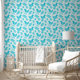 Papier Peint Oiseaux d'art populaire Blanc Turquoise