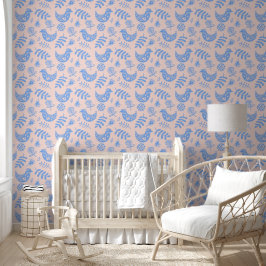 Papier Peint Oiseaux d'art populaire Pastel rose et bleu