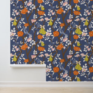 Papier Peint Oiseaux de la marine et de la Chinoiserie orange