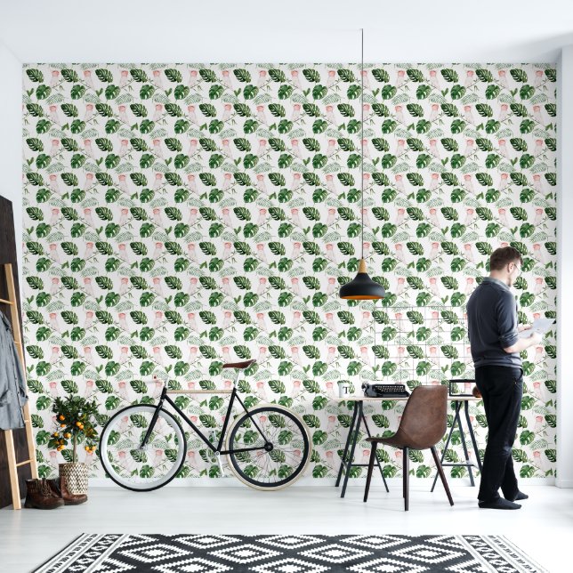 Papier Peint Oiseaux et feuilles tropicaux Rose et vert (Salon)