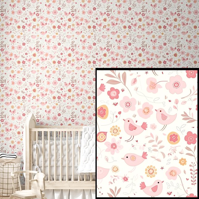 Papier Peint Oiseaux et fleurs roses mignons (Créateur téléchargé)