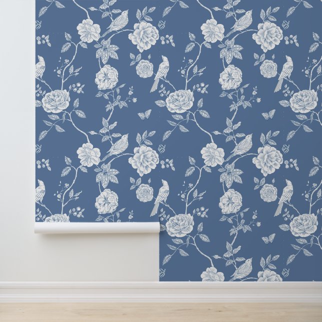 Papier Peint Oiseaux floraux élégants Toile Bleu (Application)