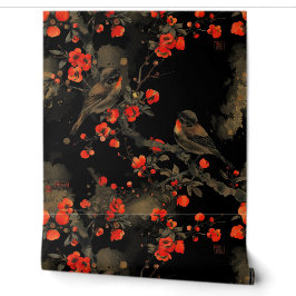 Papier Peint Oiseaux japonais et fleurs en noir