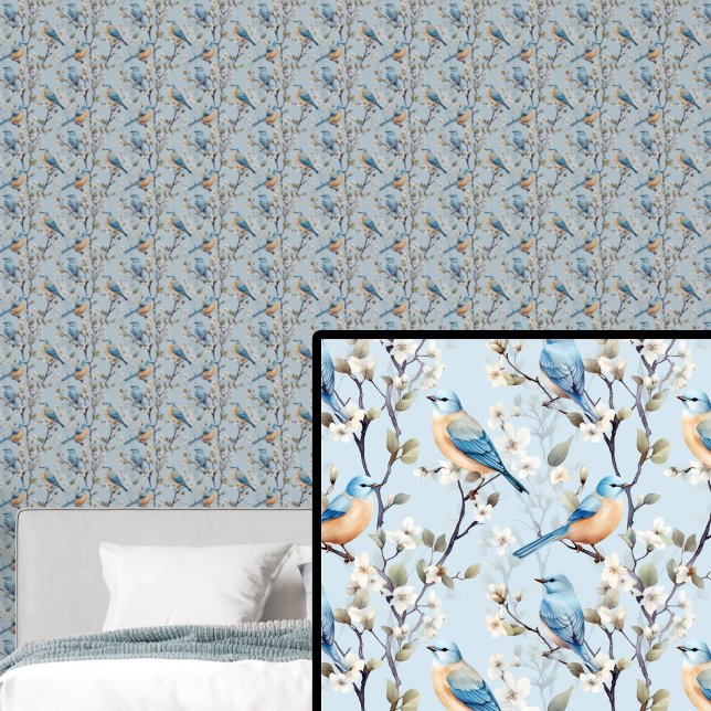 Papier Peint Oiseaux orange et bleus avec fleurs sur bleu pâle (Créateur téléchargé)