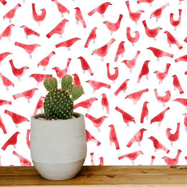 Papier Peint Oiseaux rouges et blancs Aquarelle Art (Red and white watercolor bird art wallpaper)
