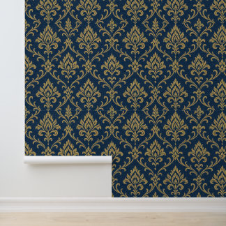 Papier Peint Or Baroque Floral bleu foncé