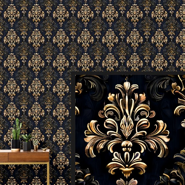 Papier Peint Or sur noir Dramatique Gothique Damask (Créateur téléchargé)