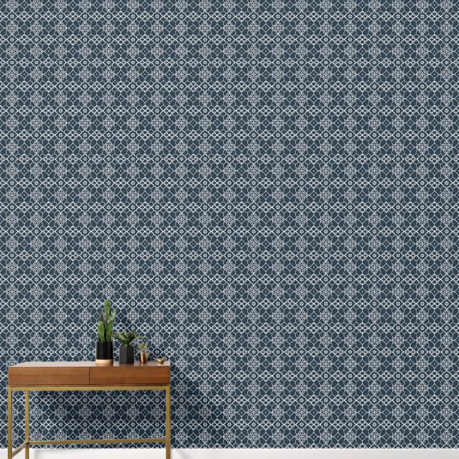 Papier Peint Ornement blanc sur Motif bleu foncé (Couloir)