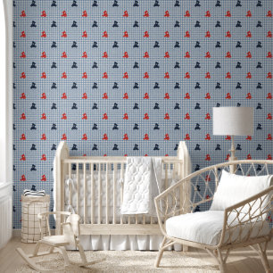 Papier Peint Ours en peluche garçons Gingham - Navy, Rouge & Bl