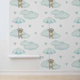 Papier Peint Ours Monnaie Vert Parapluie Nuages Coeurs Bébé Fil