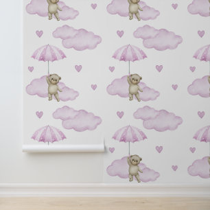 Papier Peint Ours Parapluie rose Nuages Coeurs Baby Girl Nurser