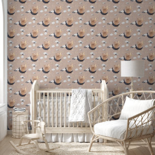 Papier Peint Ours Teddy Assis Sur Lune Soft Amber Nursery