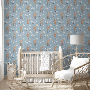 Papier Peint Ourson en peluche bleu nuageux mignon atteignant l
