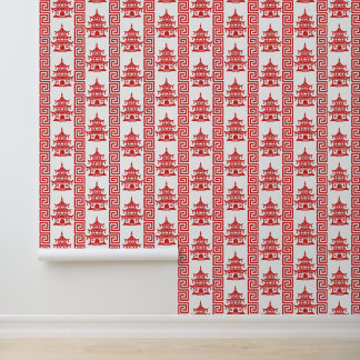 Papier Peint Pagode grec à la clé – Chinoiserie rouge