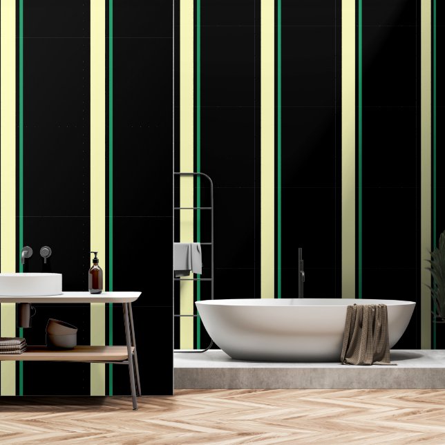 Papier Peint Pale + Vert Verticale Bande Noire (Salle de bain)
