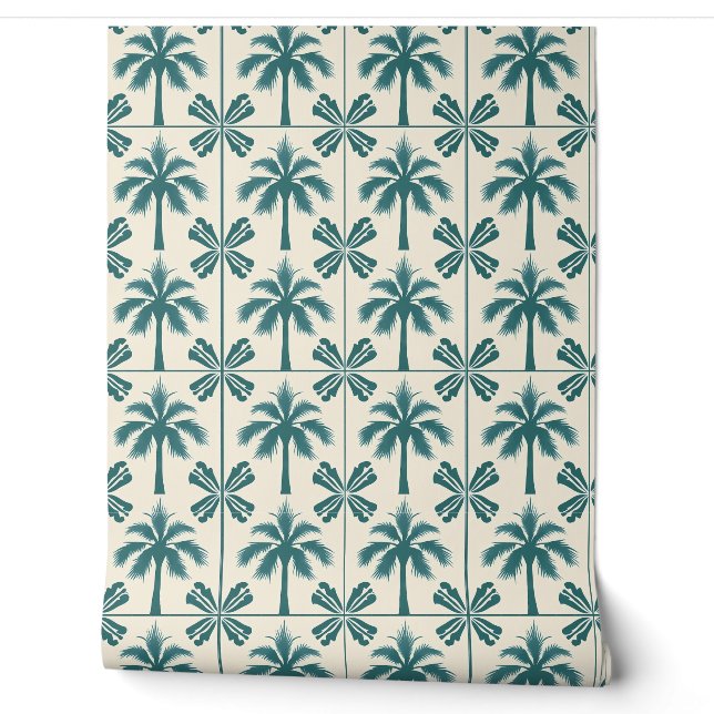 Papier Peint Palm Tropical Escape Petite Green, Beige - Côtier (Déroulement)