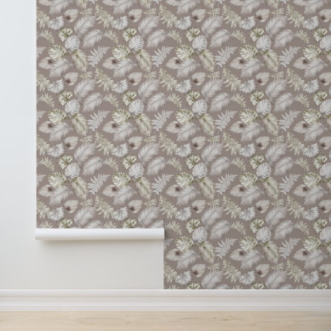 Papier Peint Palme blanche Feuille Motif gris (Application)
